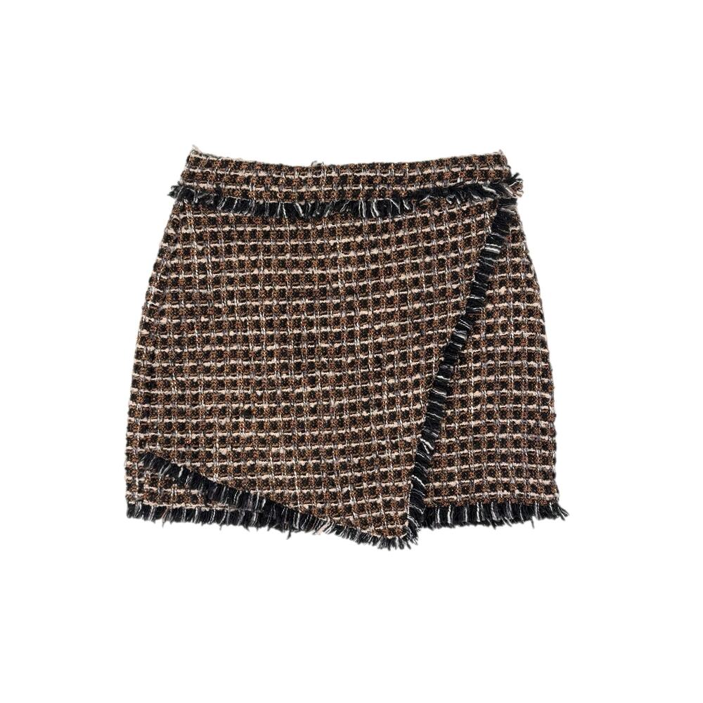 Blank NYC Brown Black Tweed Asymmetrical Fringe Trim Wrap Chic Fall Mini Skirt